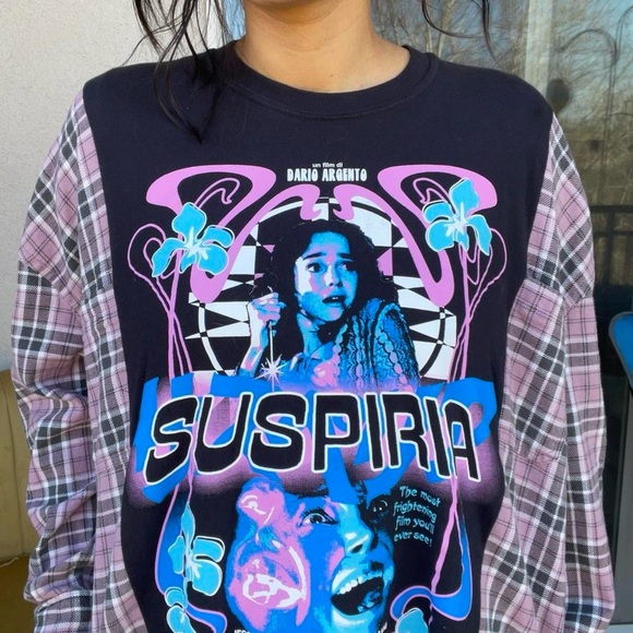 Suspiria 70s Horror Movie Tee Reworked with Pink and Grey Slouchy Flannel Shirt - Picture 2 of 8